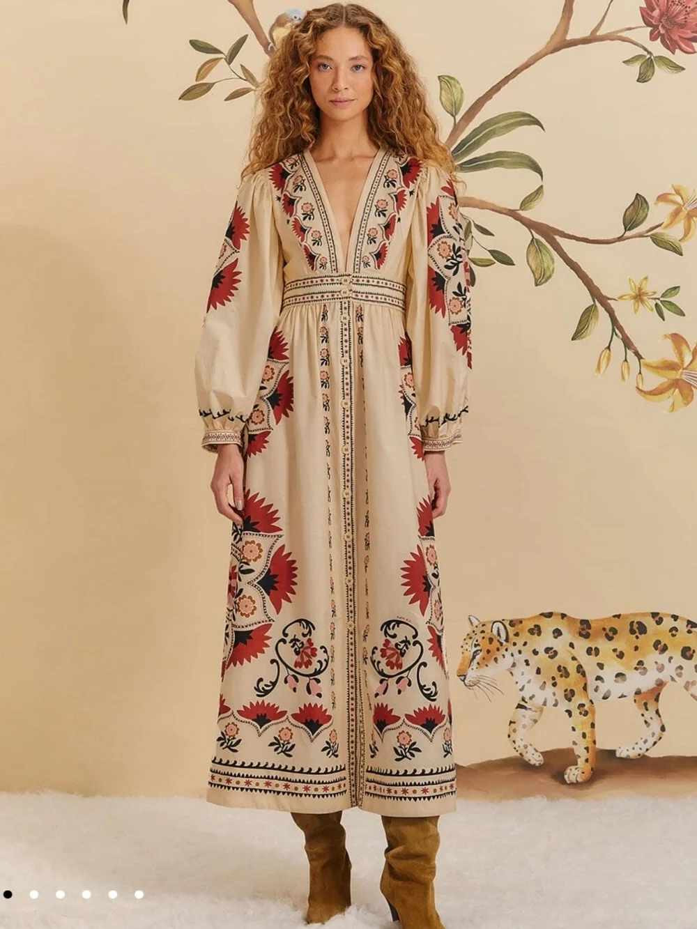 Farm Rio Cream Cashew Mandala Maxi Dress NWT Size M - Picture 1 of 8
